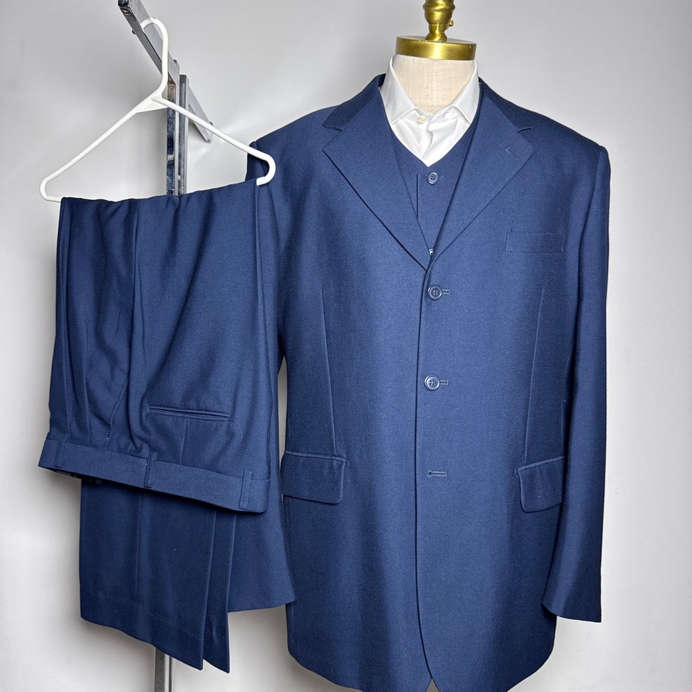 Cooper & Nelson 3-Piece Suit Mens 42R W34 L31 Navy Blue Solid 3-Button Formal